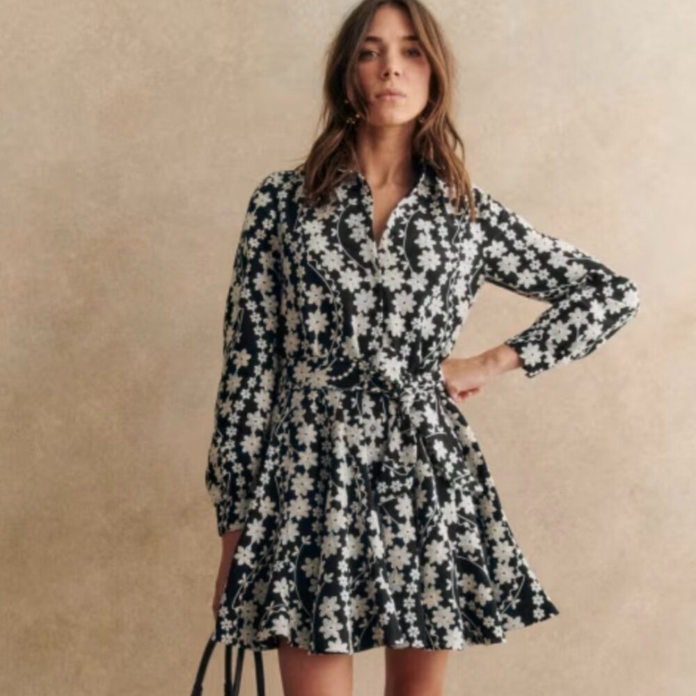 NEW NEVER WORN - Sezane Sol Dress Ecru Embroidery/ Black - Size 6